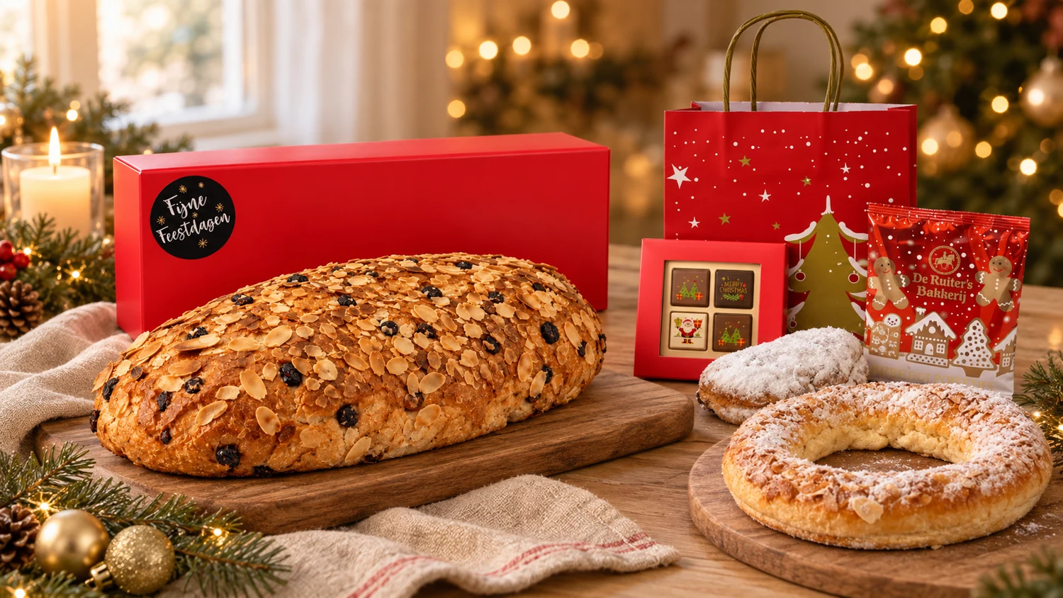Onze kerststol, kerstkrans en rood kersttasje met pralines