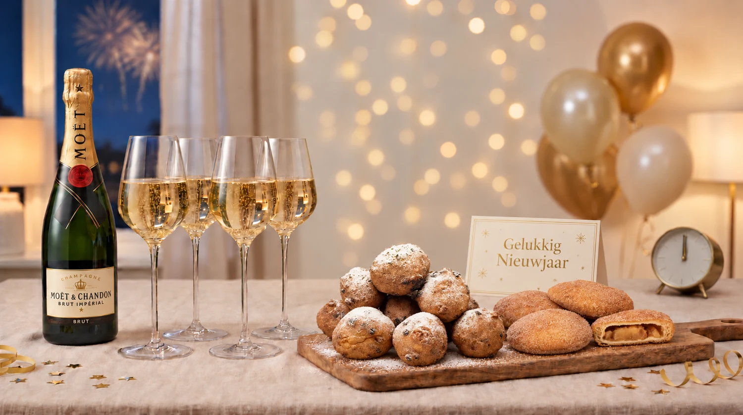 Oliebollen en appelbeignets met champagne voor Oud en Nieuw