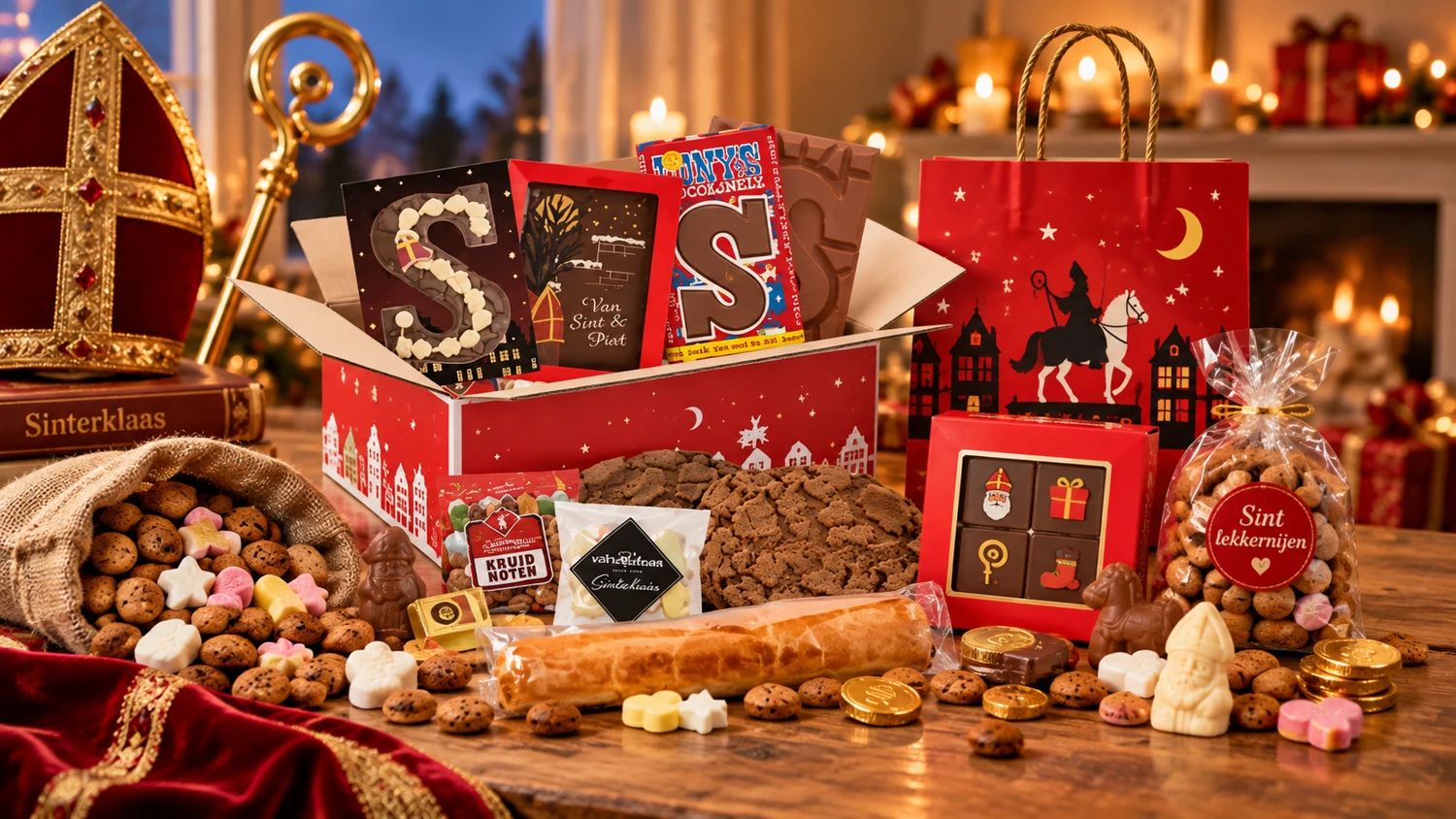 Sinterklaasgeschenken met chocoladeletters en kruidnoten