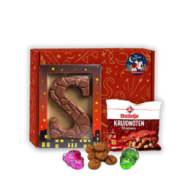 Sinterklaas Brievenbuspakketje Chocoladeletter (melk) groot 135 gram Zakje Bolletje Kruidnoten 50 gram en 2 Kikkers of Muizen