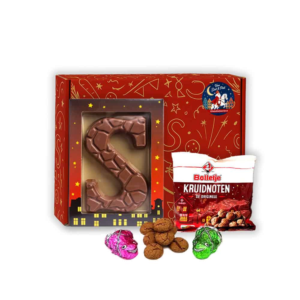 Sinterklaas Brievenbuspakketje Chocoladeletter (melk) groot 135 gram Zakje Bolletje Kruidnoten 50 gram en 2 Kikkers of Muizen