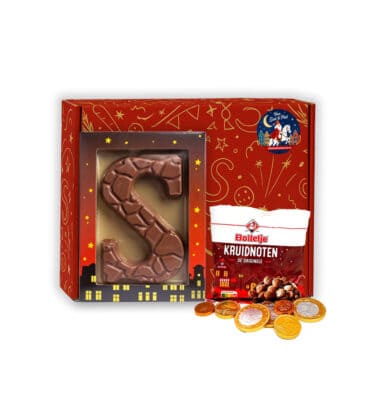 Sinterklaas Brievenbuspakketje Chocoladeletter (melk) groot 135 gram Zakje Bolletje Kruidnoten 50 gram en Chocolademunten (melk) 30 gram
