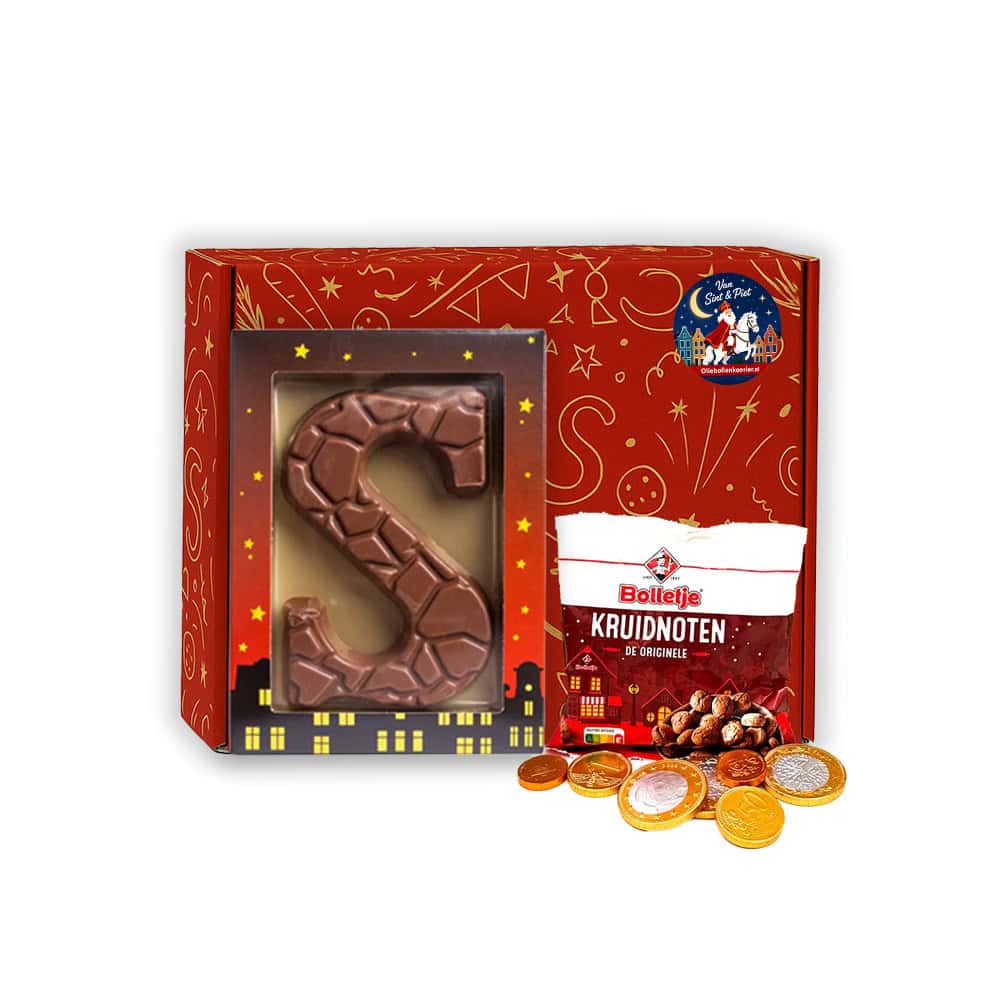 Sinterklaas Brievenbuspakketje Chocoladeletter (melk) groot 135 gram Zakje Bolletje Kruidnoten 50 gram en Chocolademunten (melk) 30 gram