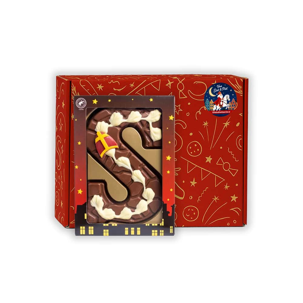 Sinterklaas Brievenbuspakketje Luxe Chocoladeletter S gedecoreerd (melk) 200 gram