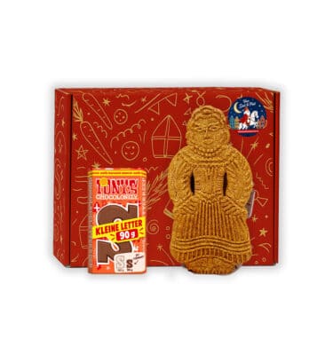 Sinterklaas Brievenbuspakketje Tony Chocolonely Chocoladeletter (melk) klein 90 gram en Speculaaspop klein 50 gram