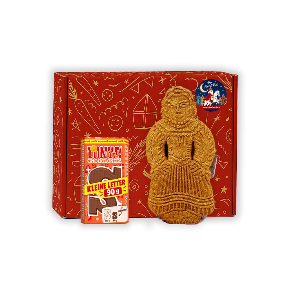 Sinterklaas Brievenbuspakketje Tony Chocolonely Chocoladeletter (melk) klein 90 gram en Speculaaspop klein 50 gram