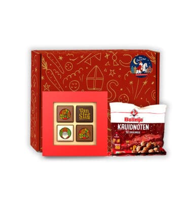 Sinterklaas Brievenbuspakketje Sinterklaas Praline 4 stuks met Bolletje Kruidnoten 50 gram