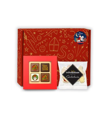 Sinterklaas Brievenbuspakketje Sinterklaas Praline 4 stuks met Schuttelaar Schuimpjes 50 gram