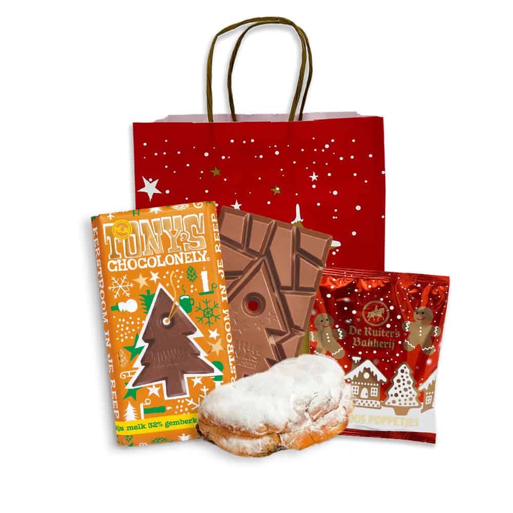 Kerstattentie 22 Kersttas met Tony’s Chocolonely kerstreep gemberkoekje Mini Stolletje Speculoos poppetjes
