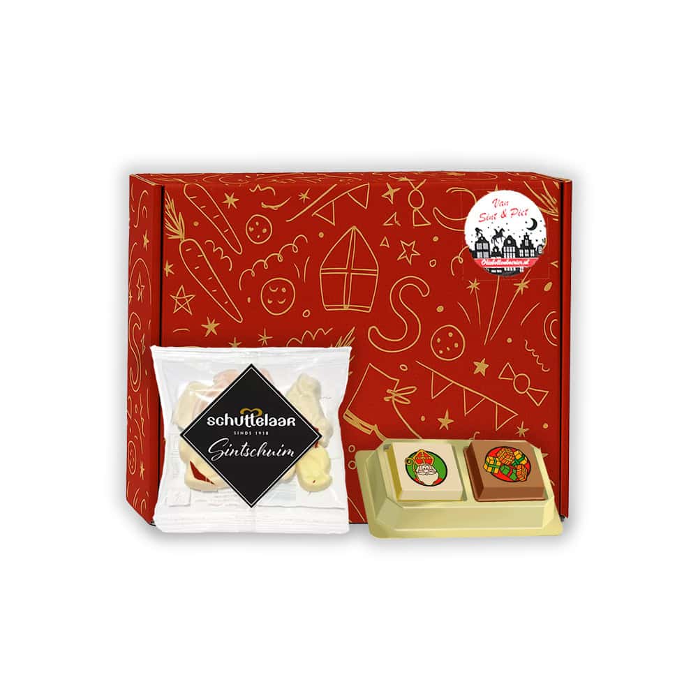 Sinterklaas Brievenbuspakketje Sinterklaas Praline 2 stuks met Schuttelaar Schuimpjes 50 gram
