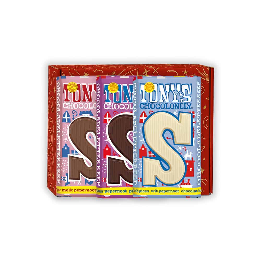 Sinterklaas Brievenbuspakketje Tony’s Chocolonely Sinterklaasreep melk pepernoot schuim wit pepernoot en puur pepernoot 180 gram