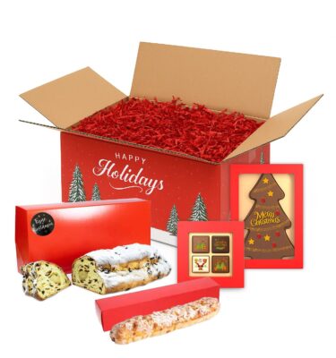 Kerstpakket Kerststol 750 gram amandelspijs Roomboter Kerststaaf amandelspijs 4 Kerst Pralines en een Chocolade Kerstboom