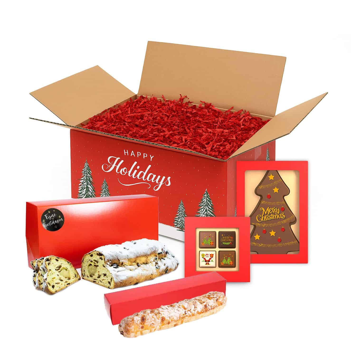Kerstpakket Kerststol 750 gram amandelspijs Roomboter Kerststaaf amandelspijs 4 Kerst Pralines en een Chocolade Kerstboom